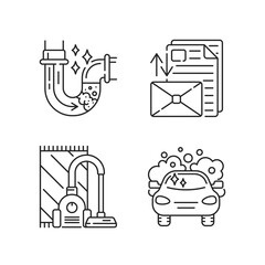 Canvas Print - Housekeeping services linear icons set. Plumbing, mail sorting, vacuum cleaning and car washing customizable thin line contour symbols. Isolated vector outline illustrations. Editable stroke