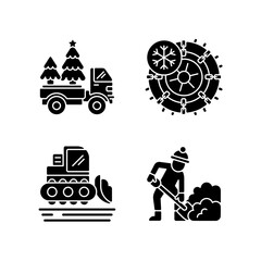 Sticker - Winter holidays service black glyph icons set on white space. Christmas tree delivery to your home. Studded tires and chains for your car. Silhouette symbols. Vector isolated illustration