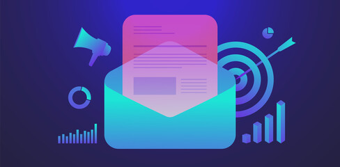 Email click-through-rate Marketing, digital newsletter ecommerce e-mail subscription rate. Email vector illustration with neon color. Drip inbound email marketing by sending mail message