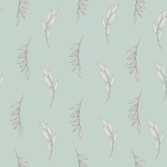 Seamless pattern with willow tree branches and leaves on light blue background for surface design and other design projects. Monochrome realistic line art