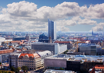 Aerial view of the skyline of Leipzig, Saxony at sunrise