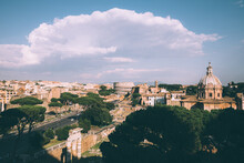 Panoramic View Of City Rome With Roman Forum And Colosseum From Vittoriano