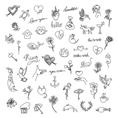 Poster - Small tattoo set, sticker design pack, continuous line drawing, abstract print for clothes and logo design, emblem or logo design, isolated vector illustration.