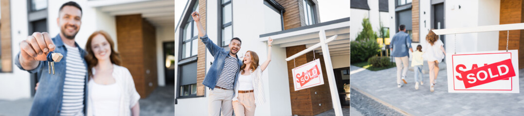 Wall Mural - Collage of happy family with key hugging and going to house near sign with sold lettering, banner