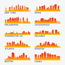East Coast USA Skyline City Silhouette Design Collection. Vector Illustration Set Clip Art.