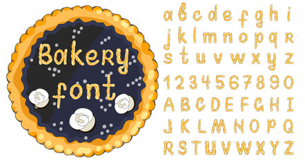 English pastry alphabet abc and sweet blueberry pie. Alphabetical set in bakery style.