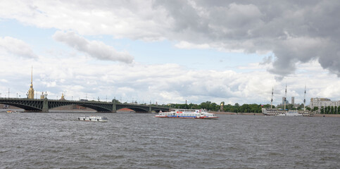  Boats with tourists sailing on the Neva River