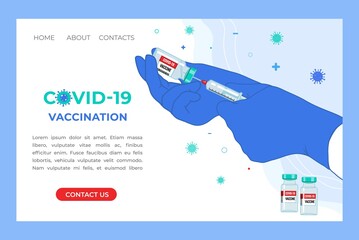 Anti Coronavirus disease COVID-19 infection medical vaccination Landing Page. Doctor hands in medical gloves with syringe and vaccine bottle. Prevention pandemic risk web banner. Vector illustration.