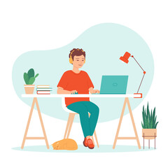 Schoolboy is study with computer at home. Boy in headphones sits at a computer table and doing homework online. Concept distance education. E-learning. Remote schooling. Isolated vector illustration 