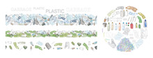Vector Hand Drawn Set Of Objects And Seamless Patterns With Sorted Plastic Garbage Isolated On White.