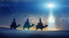 Christian Christmas Scene With The Three Wise Men And Shining Star, 3d Render. Seamless 4K Loop Video Animation