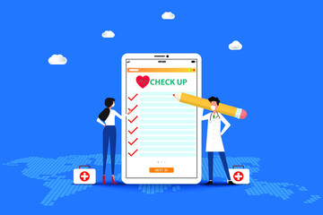 Concept of medical health check up, two doctors are working on a big screen of tablet that contain health checklist to treat the patients in blue color background.