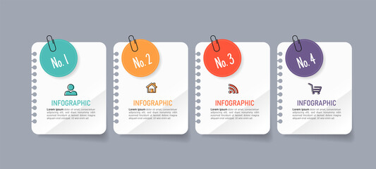 text box design with note papers. infographic presentation 4 steps.