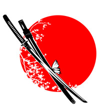 Japanese Samurai Katana Sword With Butterfly And Sakura Tree Blossom Against Red Sun - Bushido Vector Design