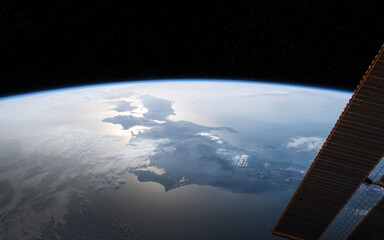 Wall Mural - view of planet earth from a space station window during a sunrise 3d rendering elements of this imag