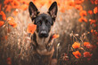 Portrait of a young german shepherd dog in a poppy field, summertime, dog in nature, sunset, happy mood