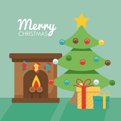 Sticker - happy merry christmas pine tree with gifts in chimney flat style icon