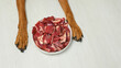 © zontica - Dog food. Full bowl of raw beef meat and dog's paws on background. Healthy eating pet concept.
