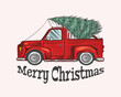 Car with a Christmas tree. Spruce in the luggage of the truck. Delivery concept. Vector illustration for label, badge, logo, postcard or banner. Hand drawn Vintage engraved sketch. 