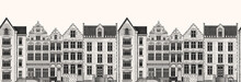 Amsterdam Houses Seamless Pattern. Urban Residential Buildings. Scandinavian Style. European City. Hand Drawn Monochrome Doodle Vector Illustration 