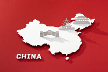 China Map Cutted From Paper With Nationals Symbol. Travel Concept.