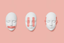 Gypsum Masks With Plaster On Faces.