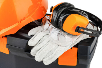 Wall Mural - tool box with orange helmet and various hand tools