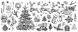 Christmas hand drawn decorations, vector elements. Traditional Christmas tree, truck, Santa Claus, fir, wreath.