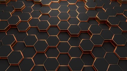 Wall Mural - Modern hexagonal black and gold background texture pattern. Honeycombs at different level. 3d rendering illustration. Futuristic banner. 4K video