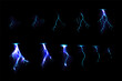 Sprite sheet with lightnings, thunderbolt strikes set for game fx animation. Vector realistic set of blue electric impact at night, sparking discharge of thunderstorm isolated on black background