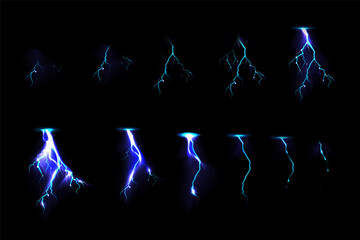 Sprite sheet with lightnings, thunderbolt strikes set for game fx animation. Vector realistic set of blue electric impact at night, sparking discharge of thunderstorm isolated on black background