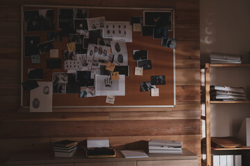 Detective office interior with evidence board on wall