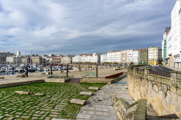 Sticker - yacht harbor  and promenade in the historic city center of La Coruna