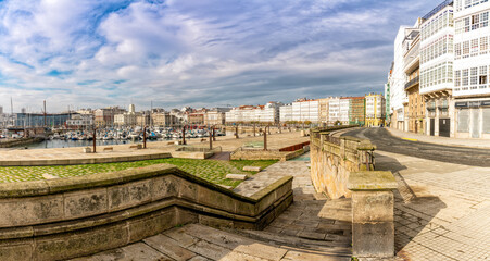 Sticker - yacht harbor  and promenade in the historic city center of La Coruna