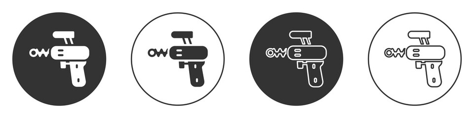 Wall Mural - Black Ray gun icon isolated on white background. Laser weapon. Space blaster. Circle button. Vector.