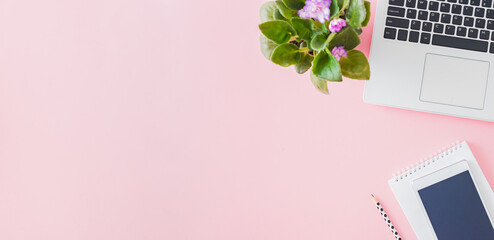 Flat lay home office desktop with laptop, flowers in a pot, office supplies on a pink background