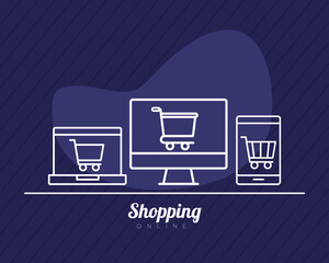 Wall Mural - shopping carts trolley in electronic devices line style icon