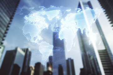 Wall Mural - multi exposure of abstract graphic world map hologram on blurry cityscape background, connection and