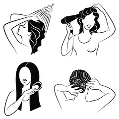 Wall Mural - Collection. The woman washes her hair in the shower. Lady blow-drying her hair and combing with a comb. The girl does her hair. Set of vector illustrations.