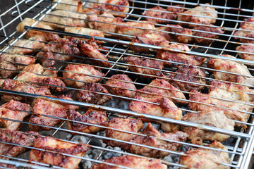 Grilled meat. Pork kebab. eating party outdoors, Selective focus