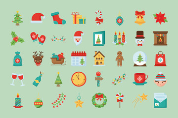 Poster - bundle of fourty merry christmas set flat style icons