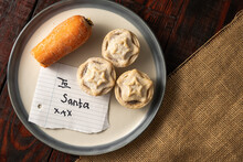 Carrot And Yummy Mince Pies On A Dish With A Note "To Santa", A Christmas Treat For Santa Claus