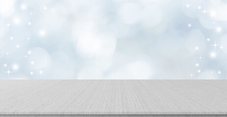 Wall Mural - abstract blur white and silver color background with star glittering light and table wood for show,p