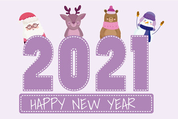 Sticker - happy new year santa snowman reindeer penguin