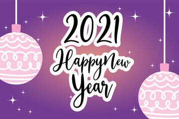 Sticker - happy new year 2021 handwritten font number and balls decoration on glowing background