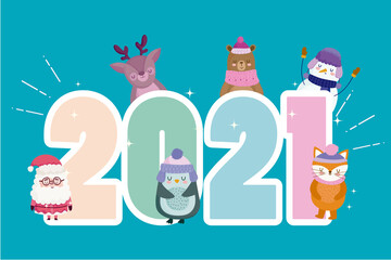 happy new year 2021 number and santa with cute animals