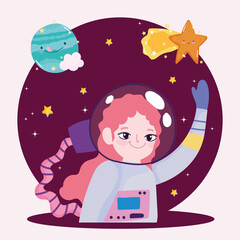 Wall Mural - space astronaut girl planet and shooting star cute cartoon