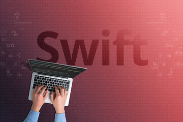 swift programming language code with person and laptop