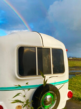 Vintage Fiberglass Camper With Rainbow Closeup