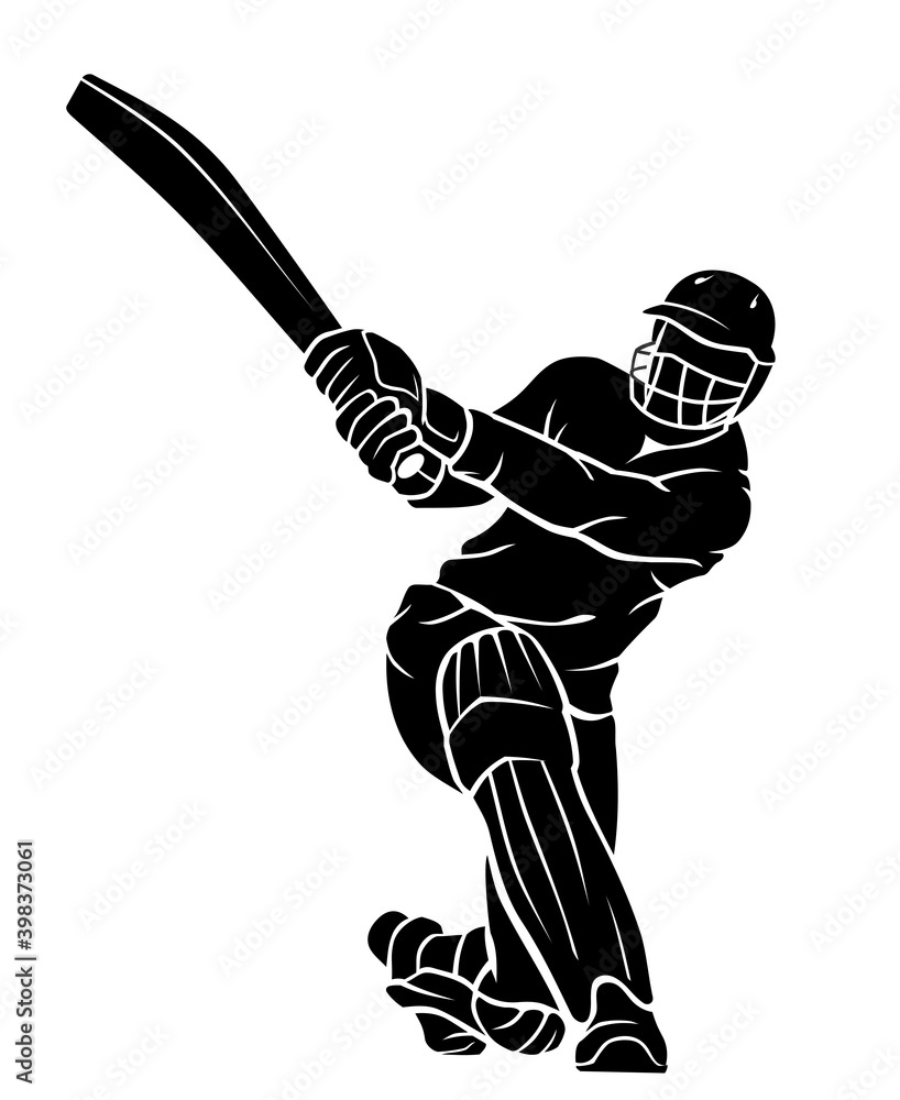 Cricketer Shadow Cricket Player Silhouette, Kneeling Bat Swing Stock Vector | Adobe Stock